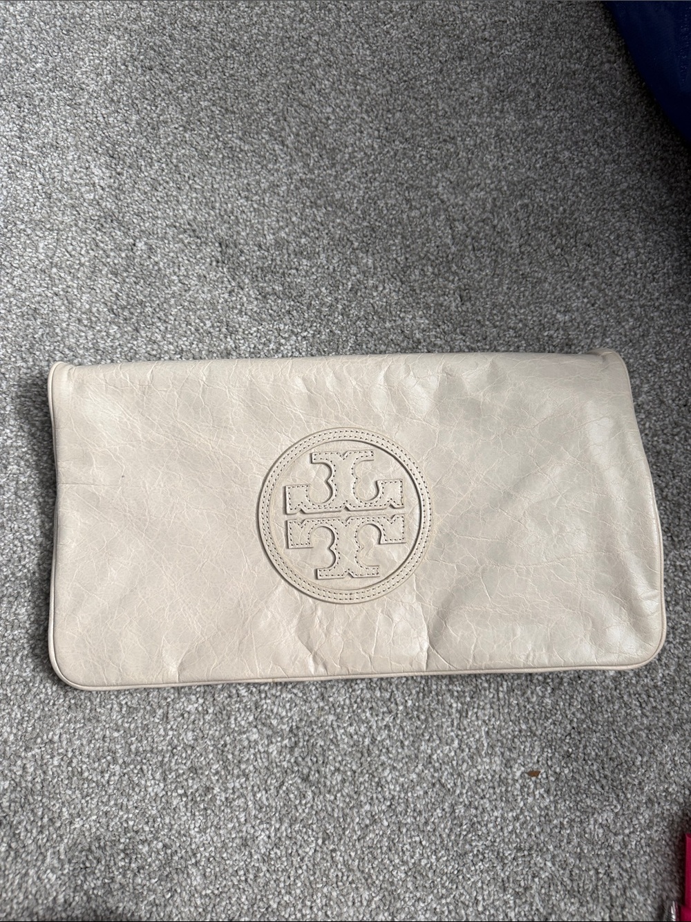 Tory Burch Ivory Leather Logo Fold-Over Clutch
